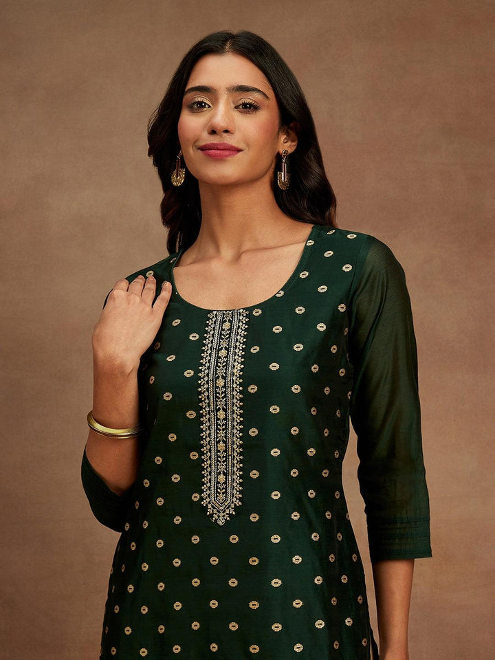 Green Woven Design Chanderi Silk Straight Kurta - ShopLibas