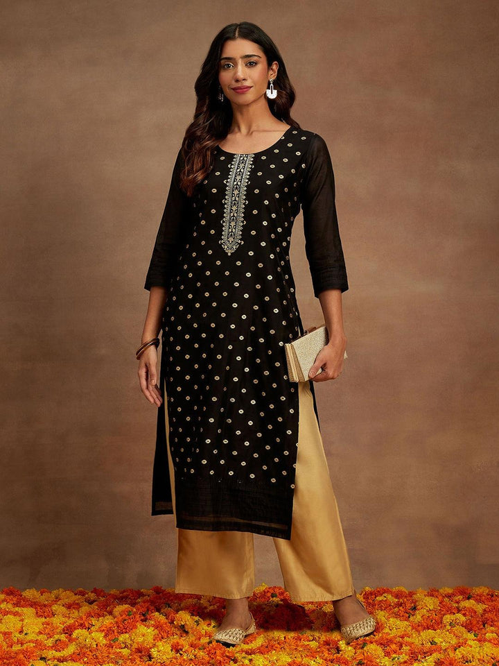 Black Woven Design Chanderi Silk Straight Kurta - ShopLibas