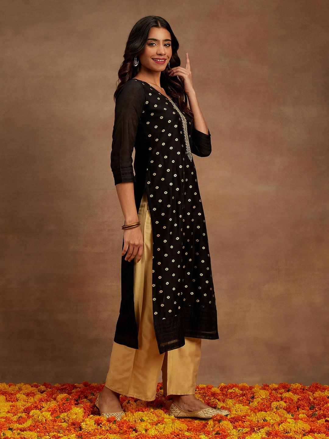 Black Woven Design Chanderi Silk Straight Kurta