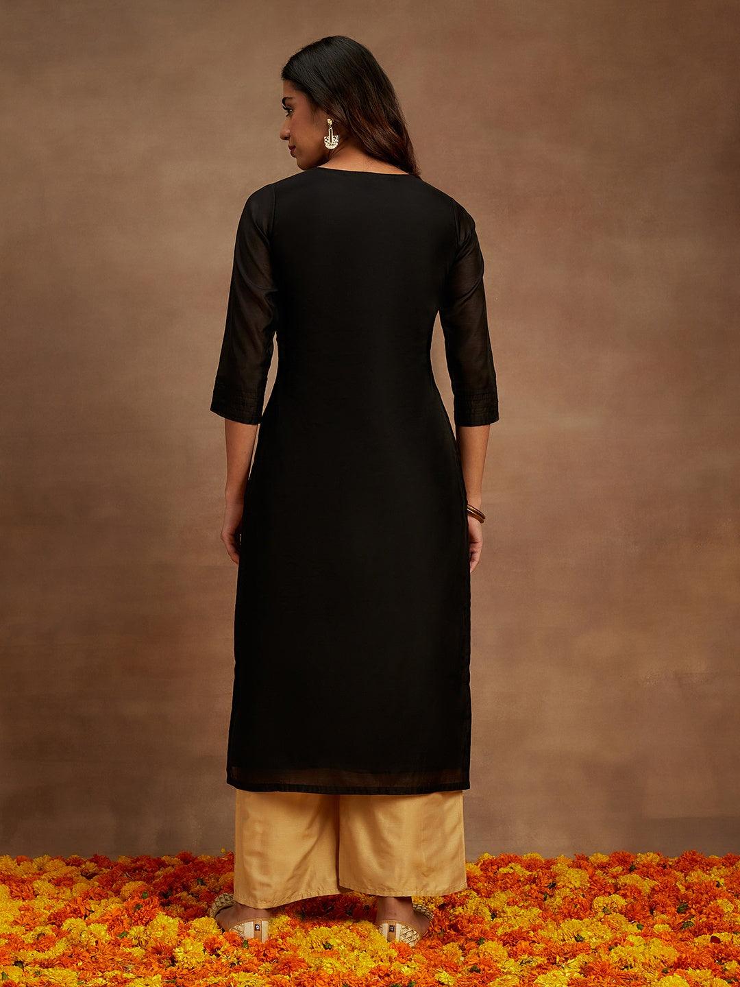 Black Woven Design Chanderi Silk Straight Kurta