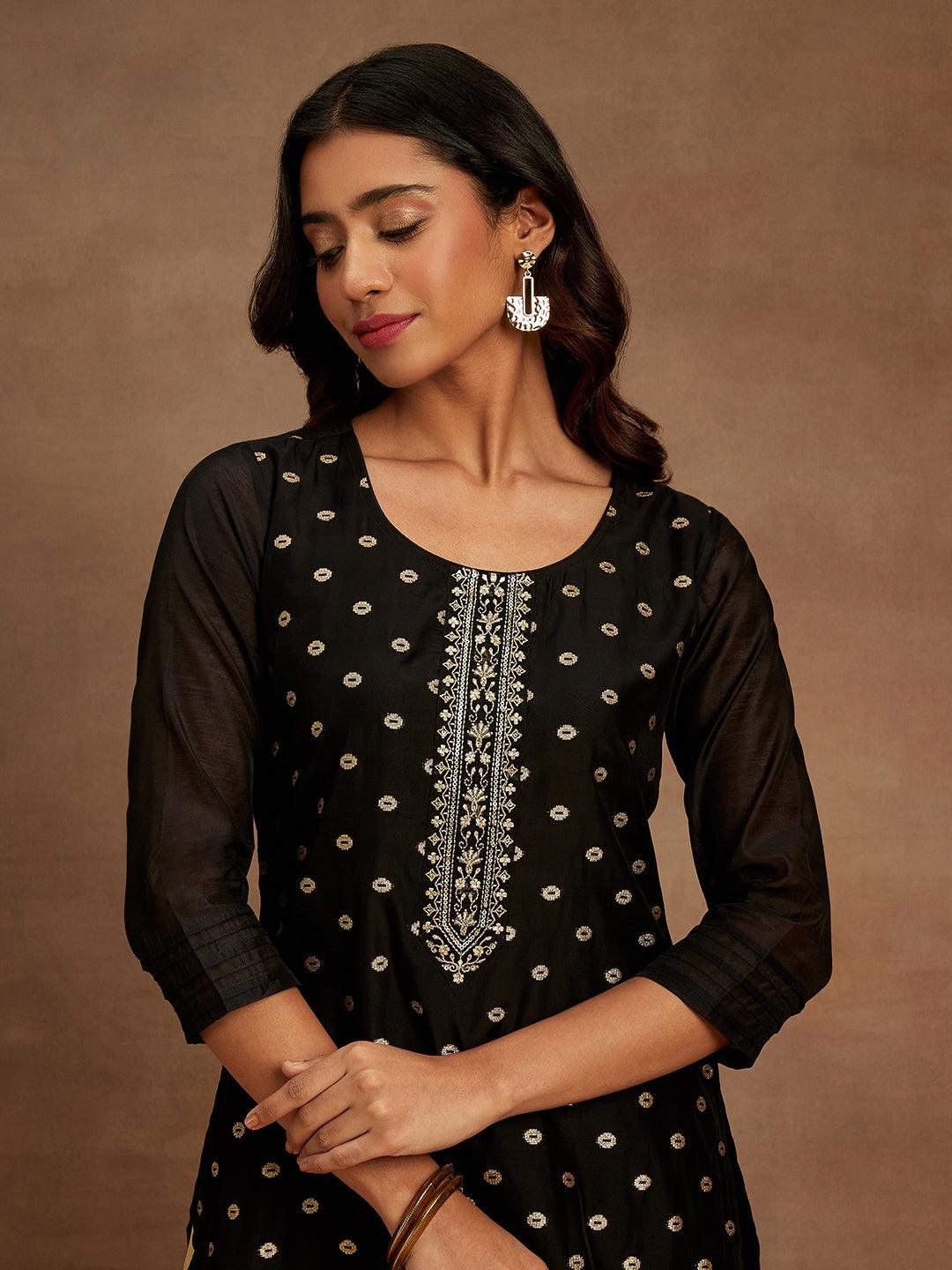 Black Woven Design Chanderi Silk Straight Kurta - ShopLibas