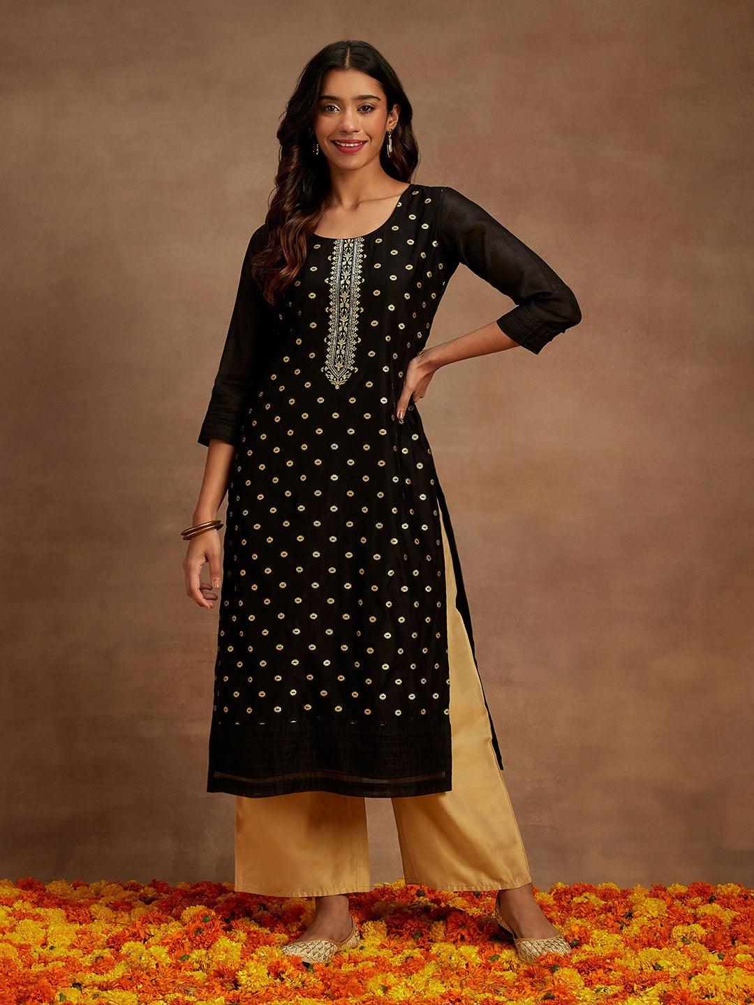 Black Woven Design Chanderi Silk Straight Kurta