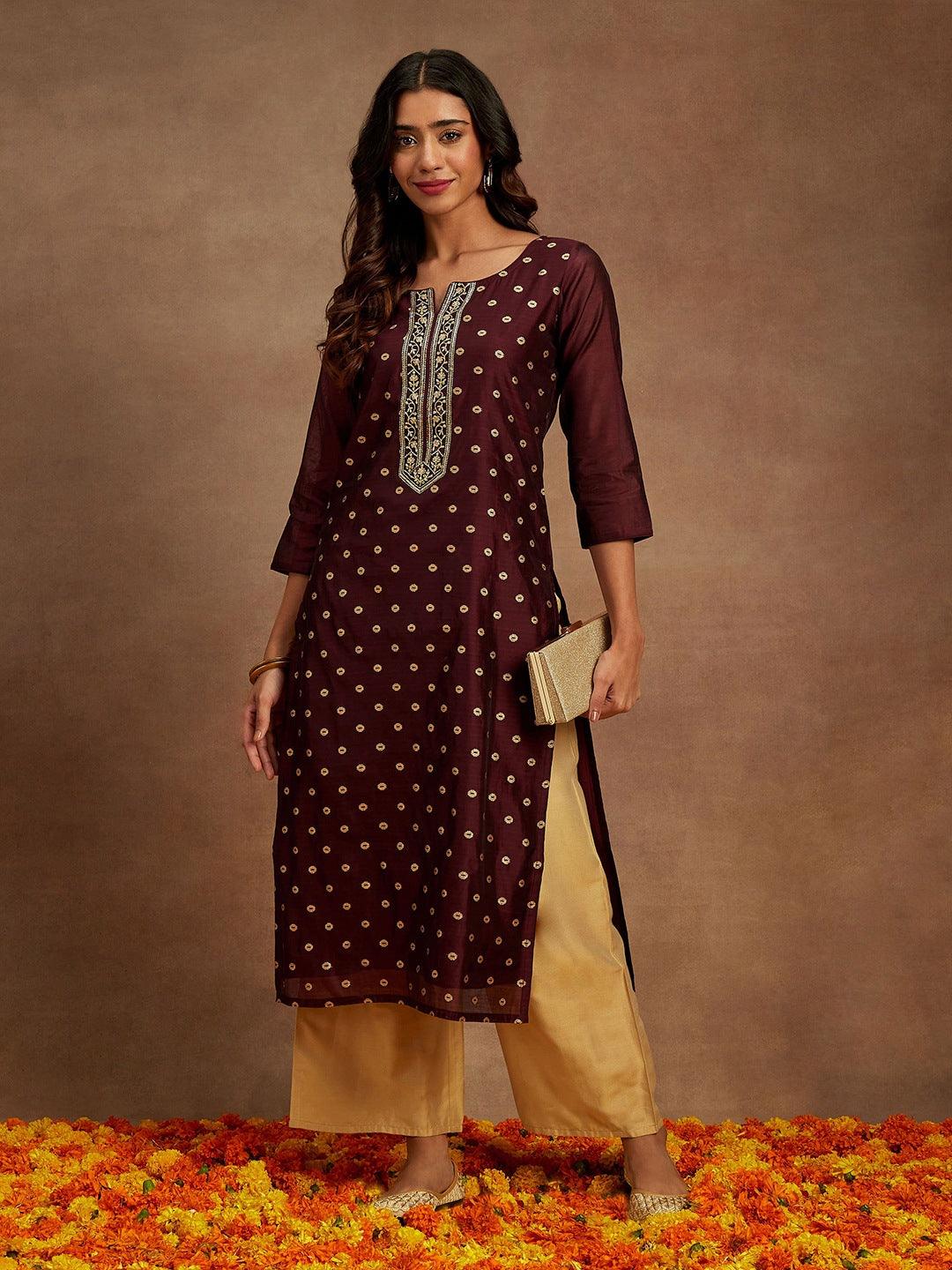 Wine Woven Design Chanderi Silk Straight Kurta - ShopLibas