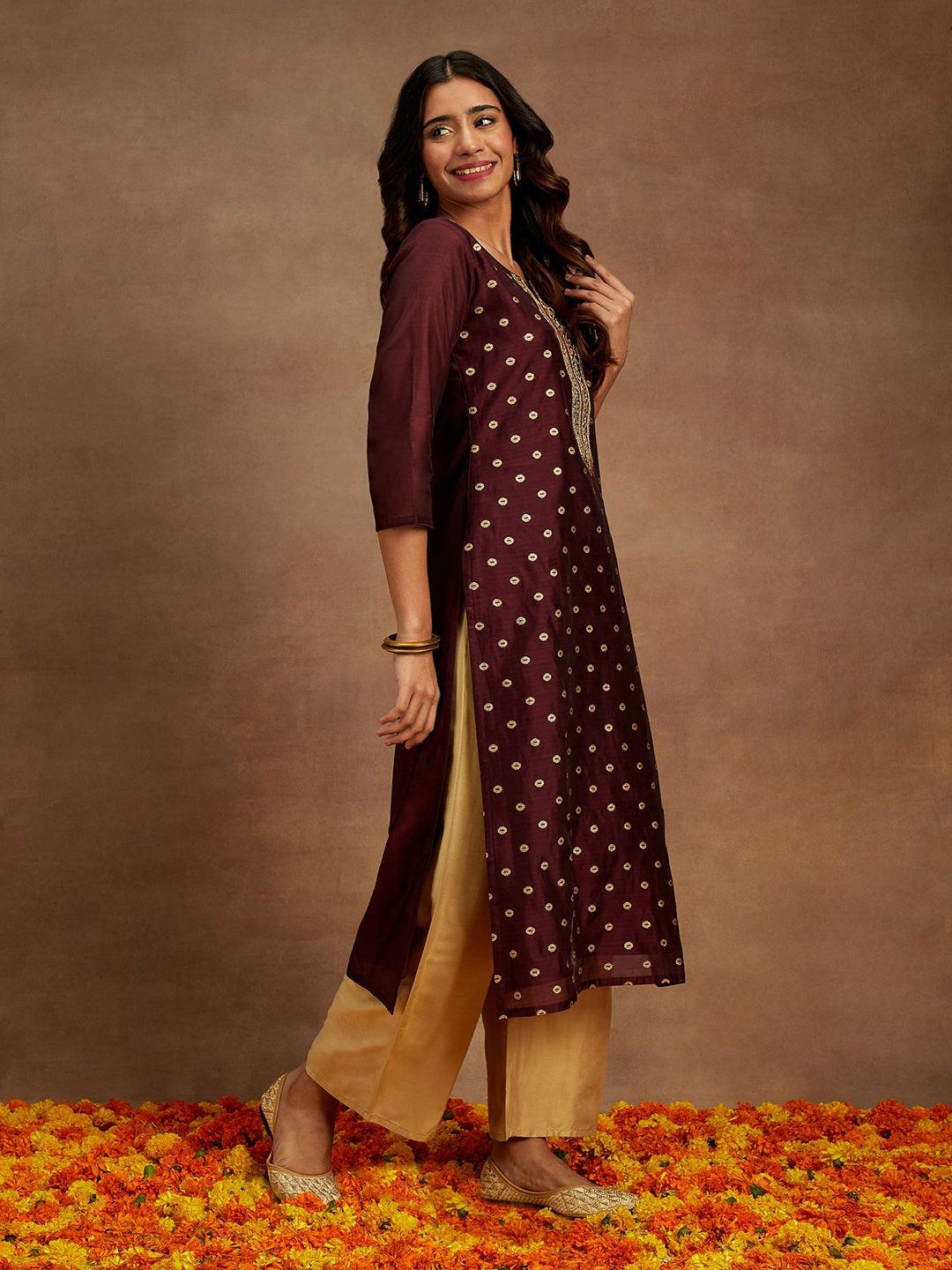 Wine Woven Design Chanderi Silk Straight Kurta - ShopLibas