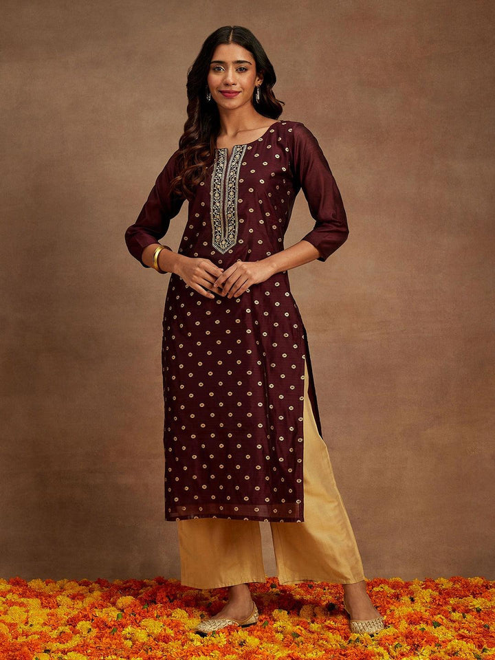 Wine Woven Design Chanderi Silk Straight Kurta - ShopLibas