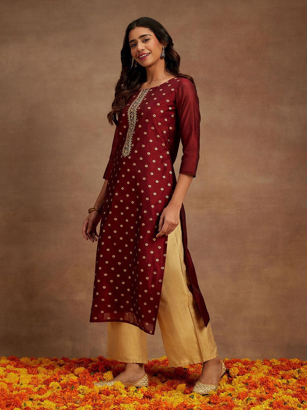 Maroon Woven Design Chanderi Silk Straight Kurta - ShopLibas