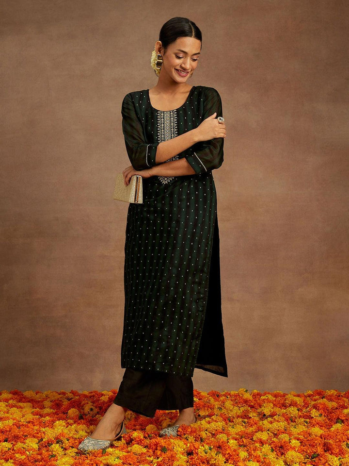 Green Woven Design Chanderi Silk Straight Kurta - ShopLibas