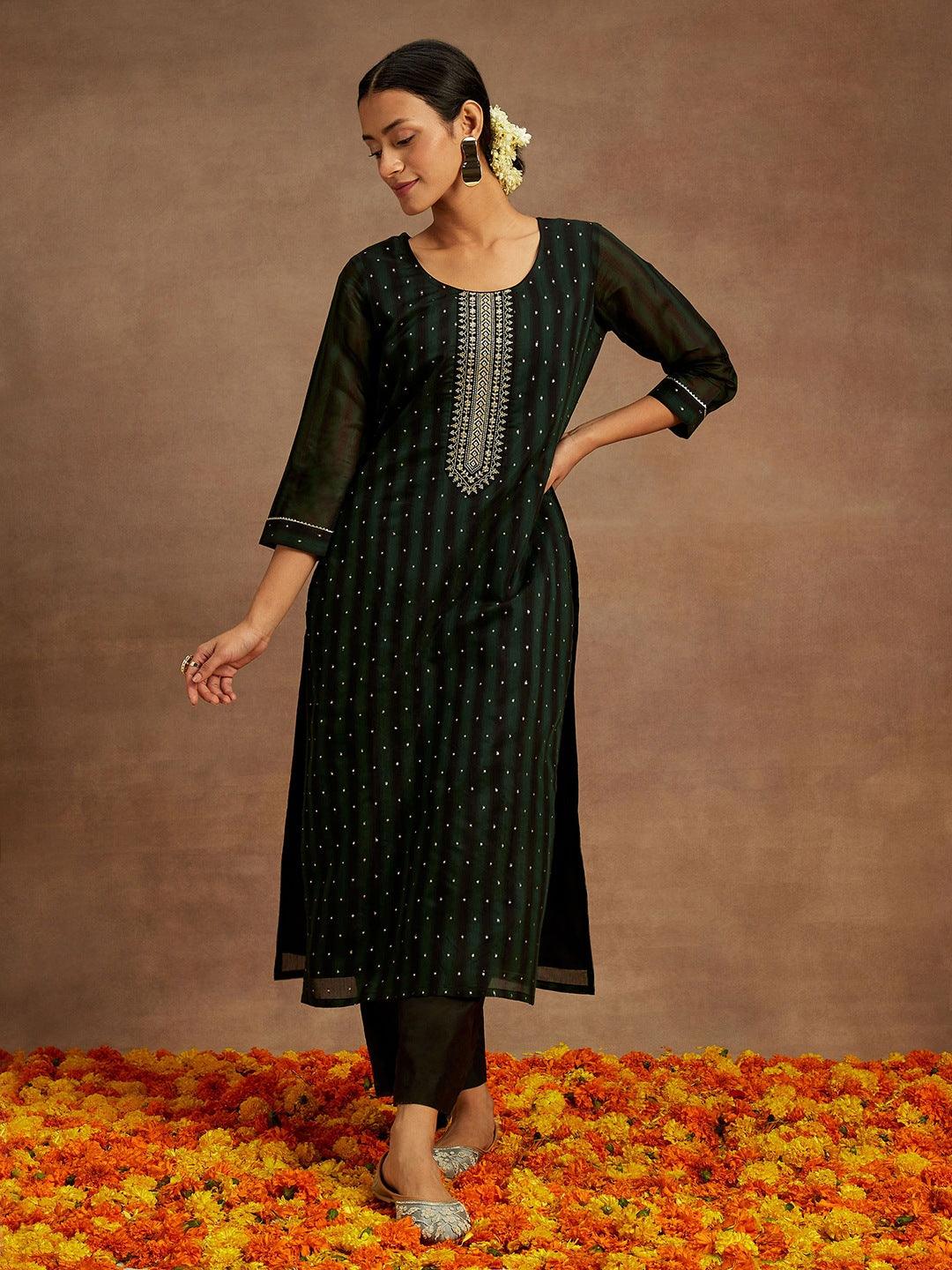 Green Woven Design Chanderi Silk Straight Kurta - ShopLibas