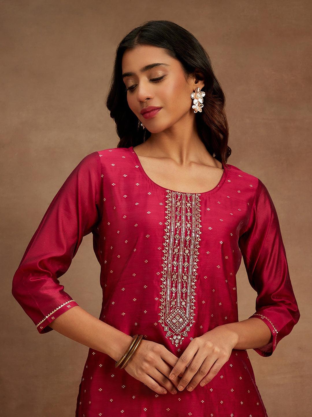 Fuchsia Chanderi Silk Woven Design Kurta - ShopLibas