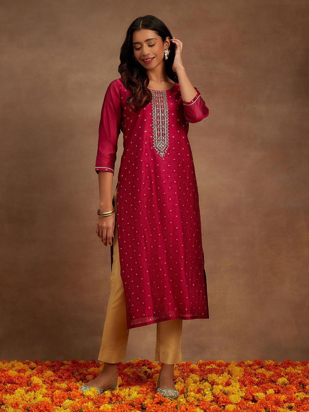 Fuchsia Chanderi Silk Woven Design Kurta - ShopLibas