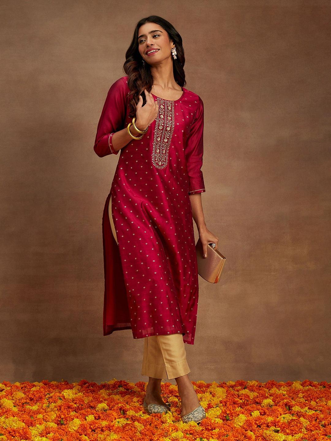 Fuchsia Woven Design Chanderi Silk Straight Kurta - ShopLibas