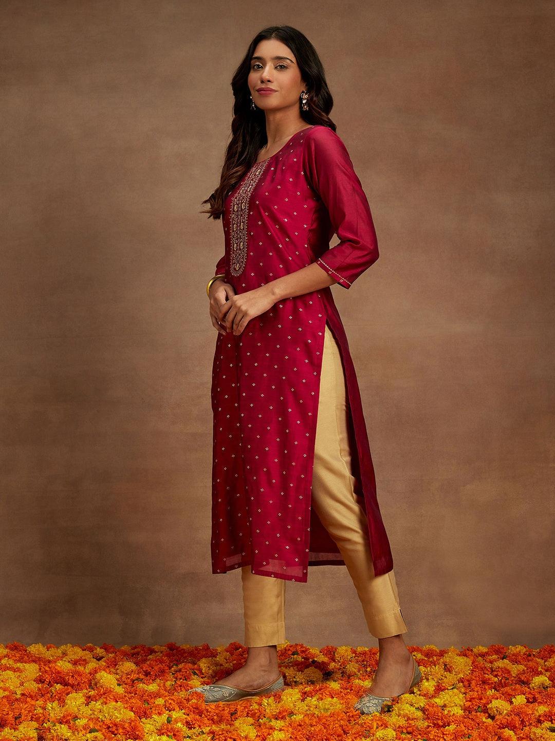 Fuchsia Woven Design Chanderi Silk Straight Kurta