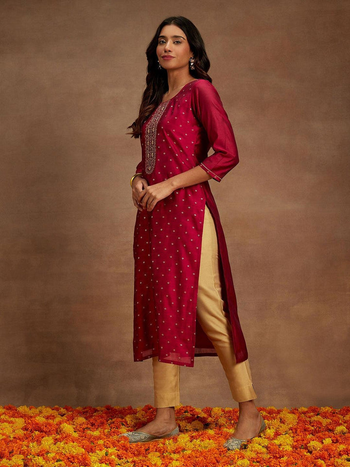 Fuchsia Woven Design Chanderi Silk Straight Kurta - ShopLibas