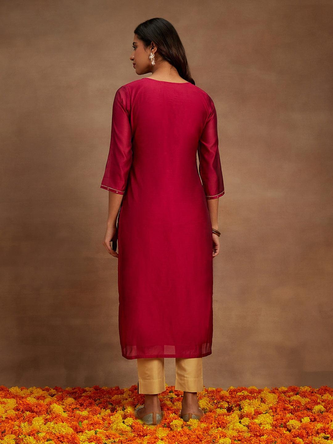 Fuchsia Woven Design Chanderi Silk Straight Kurta