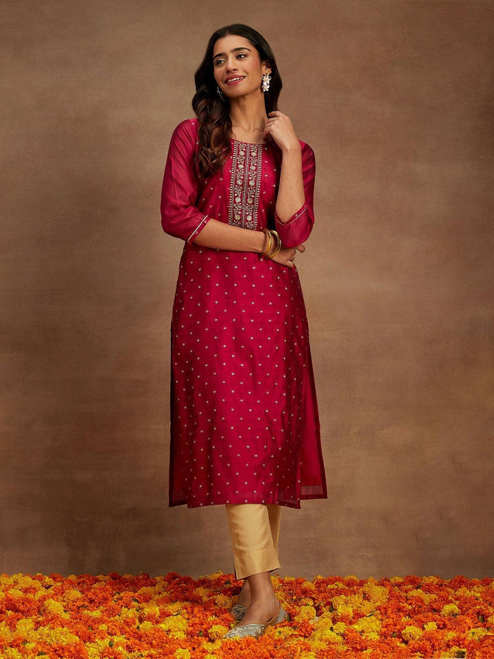 Fuchsia Woven Design Chanderi Silk Straight Kurta - ShopLibas