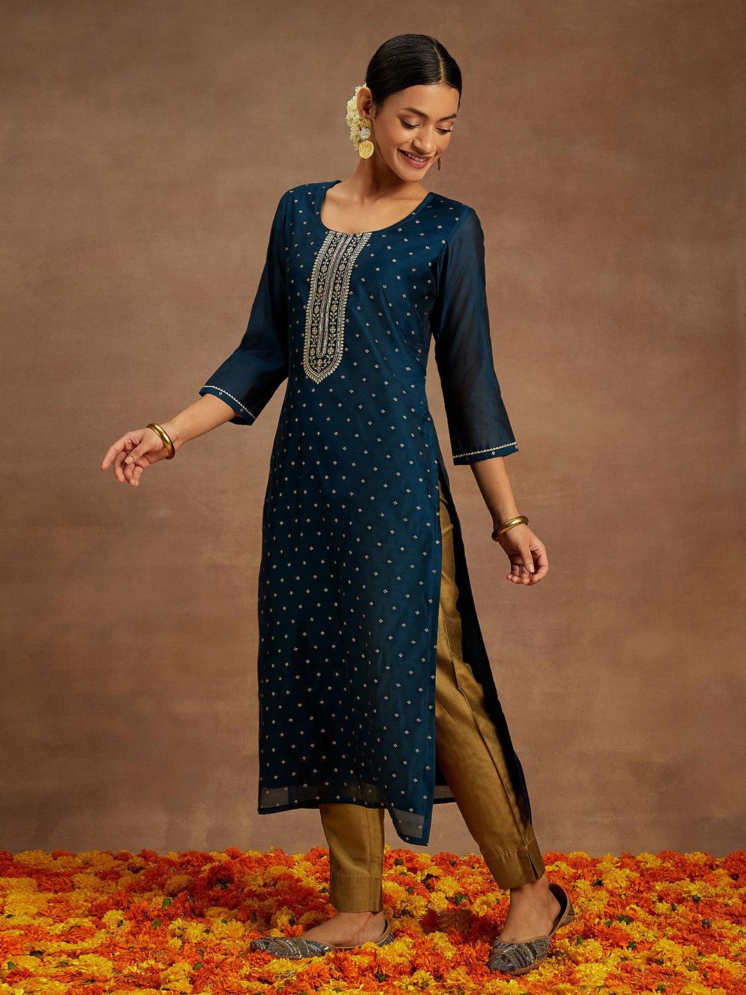 Teal Woven Design Chanderi Silk Straight Kurta - ShopLibas