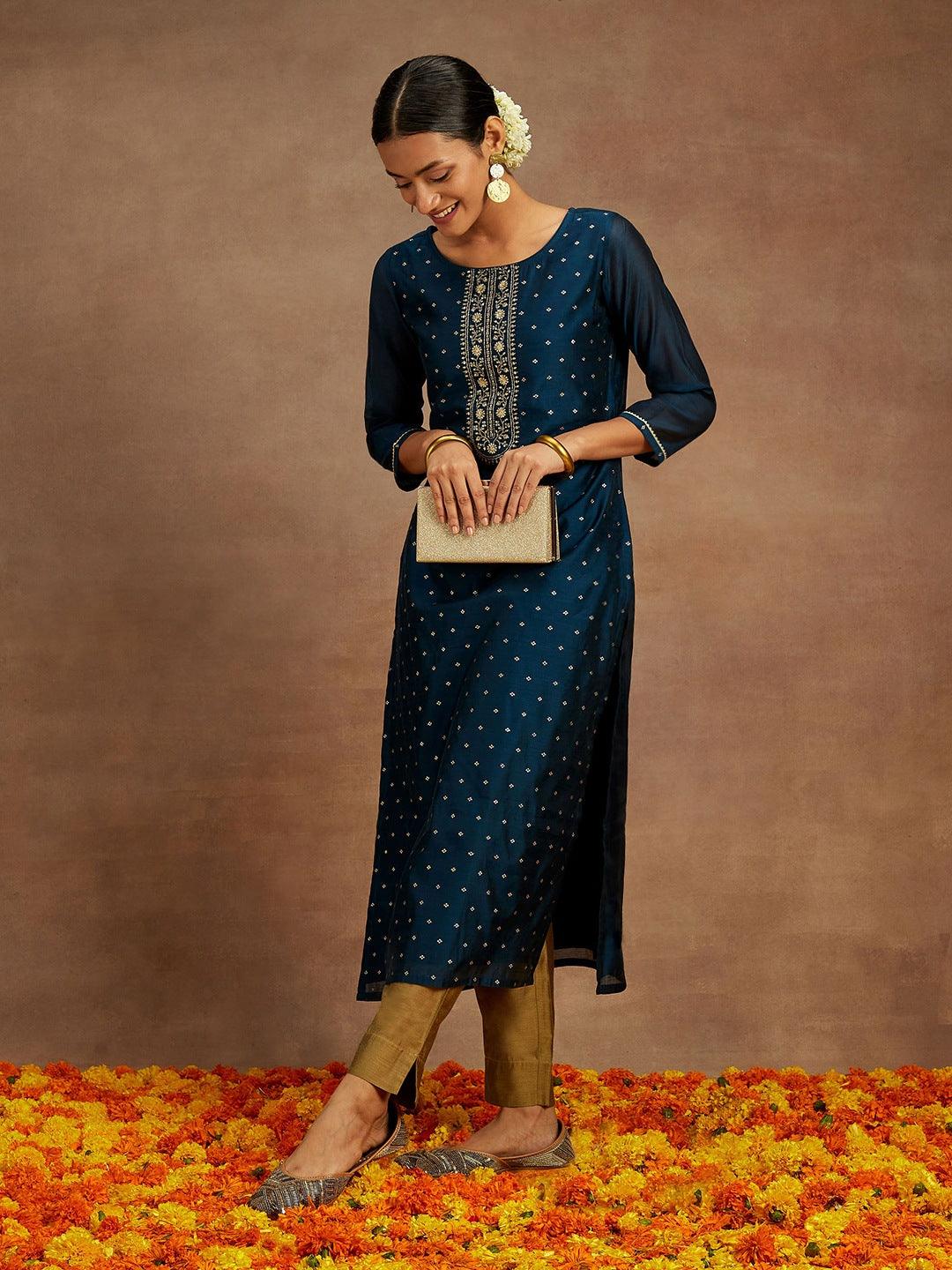 Teal Woven Design Chanderi Silk Straight Kurta