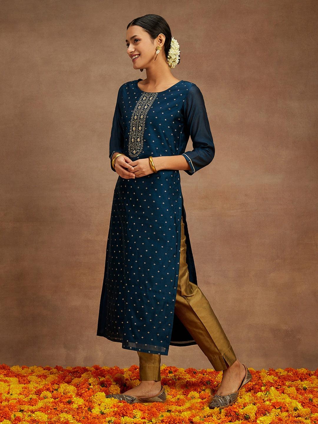 Teal Woven Design Chanderi Silk Straight Kurta