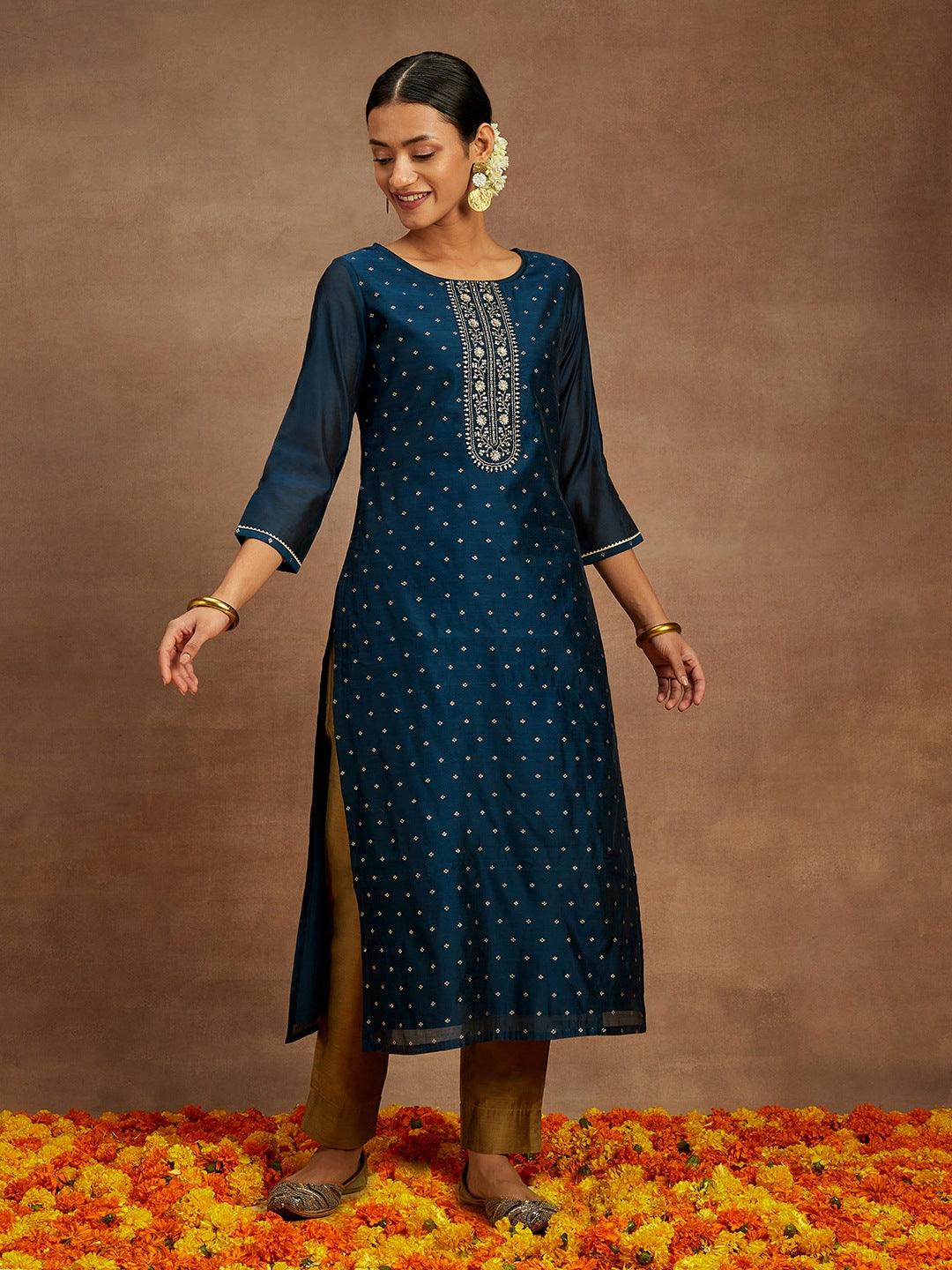 Teal Woven Design Chanderi Silk Straight Kurta