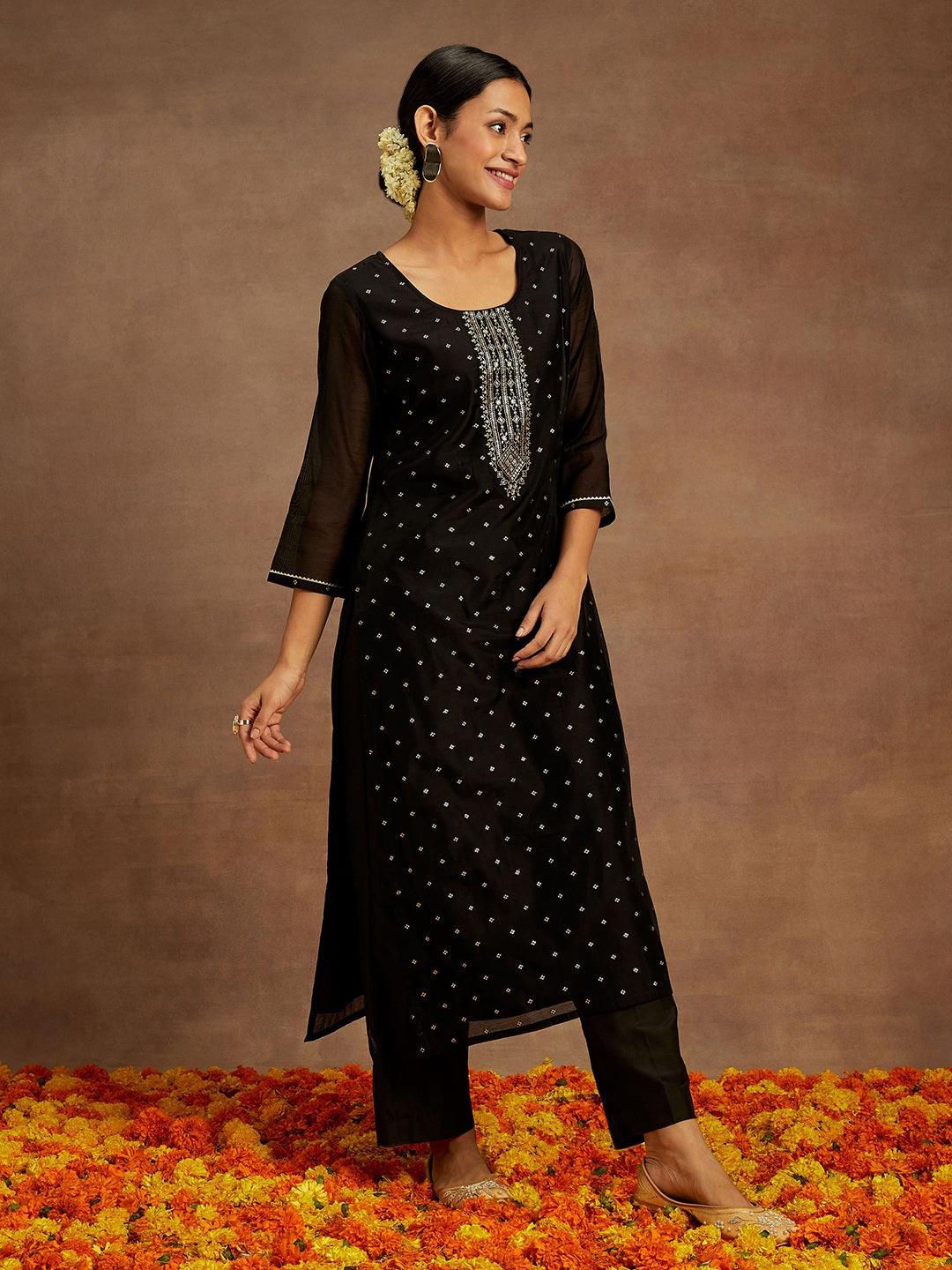 Black Woven Design Chanderi Silk Straight Kurta