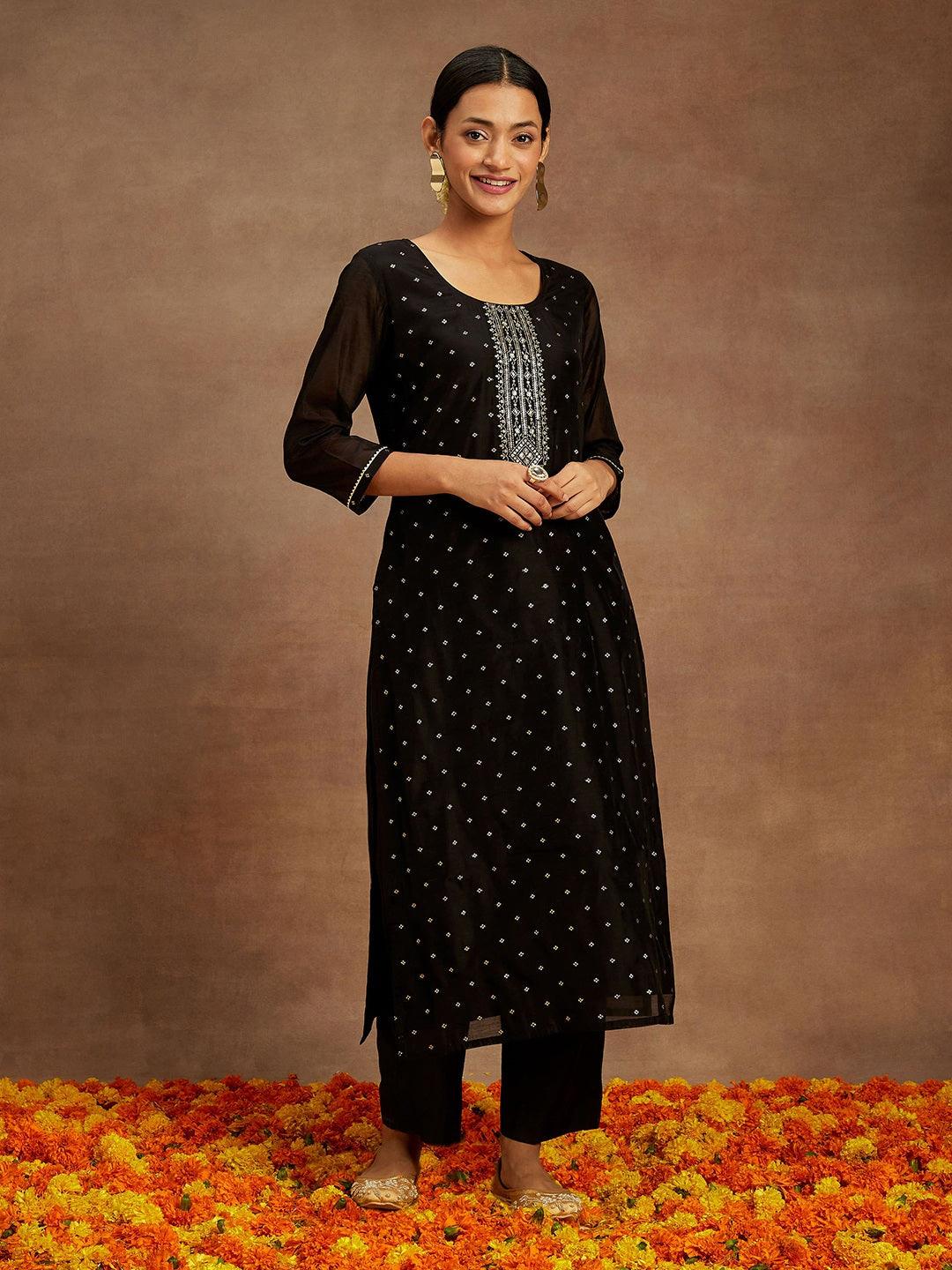 Black Woven Design Chanderi Silk Straight Kurta