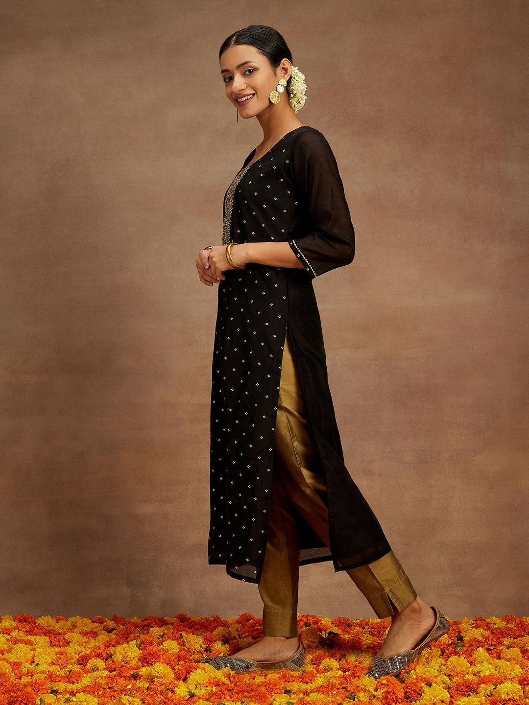 Black Woven Design Chanderi Silk Straight Kurta