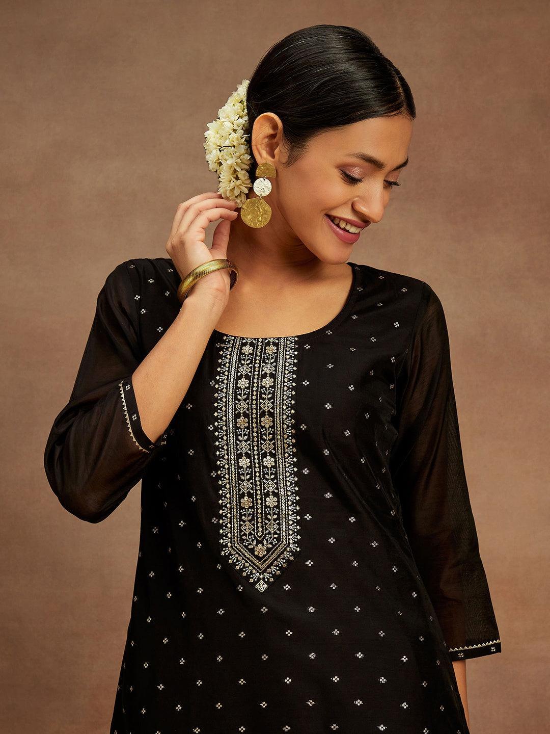 Black Woven Design Chanderi Silk Straight Kurta