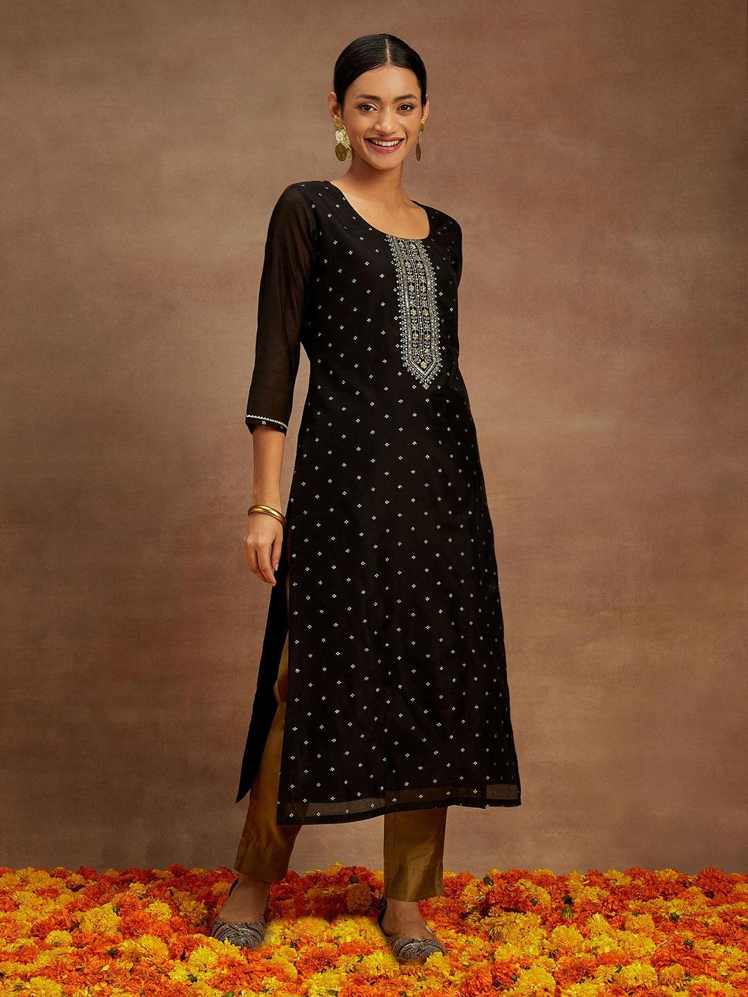 Black Woven Design Chanderi Silk Straight Kurta