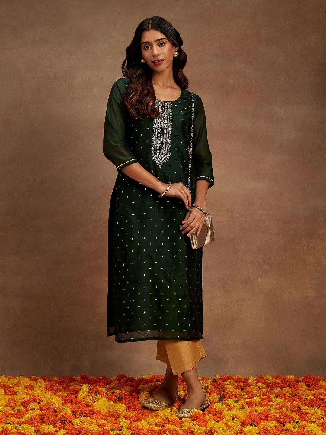 Green Woven Design Chanderi Silk Straight Kurta - ShopLibas