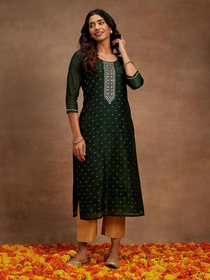 Green Woven Design Chanderi Silk Straight Kurta - ShopLibas