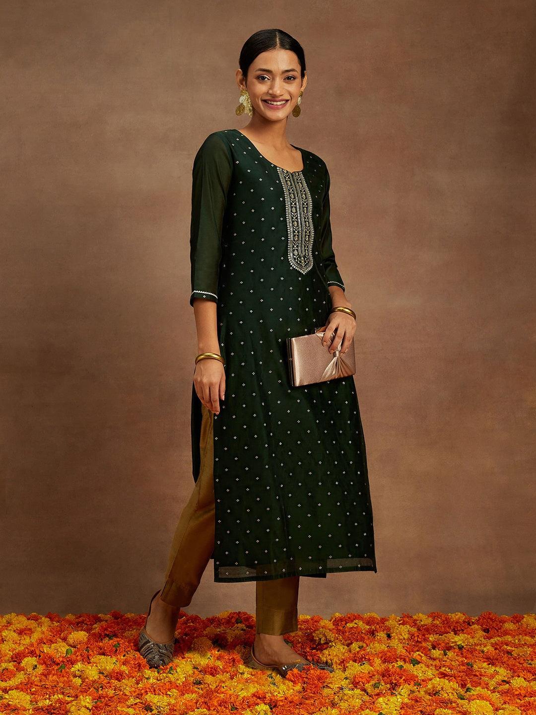 Green Chanderi Silk Woven Design Kurta