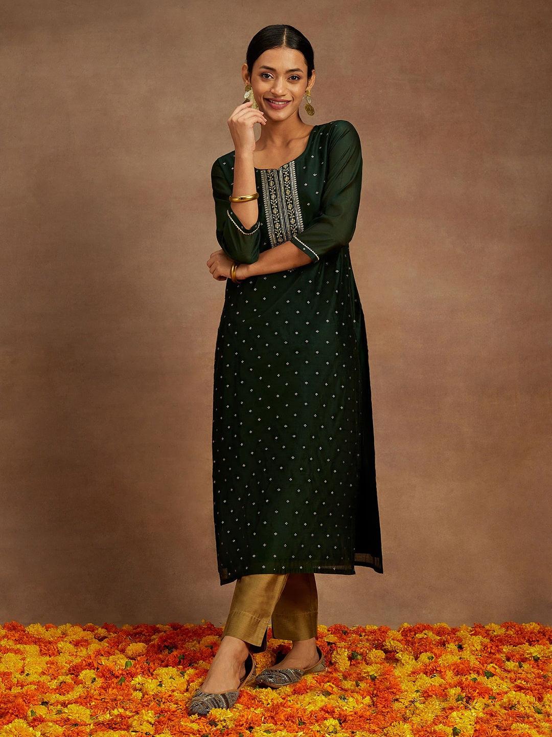 Green Chanderi Silk Woven Design Kurta - ShopLibas