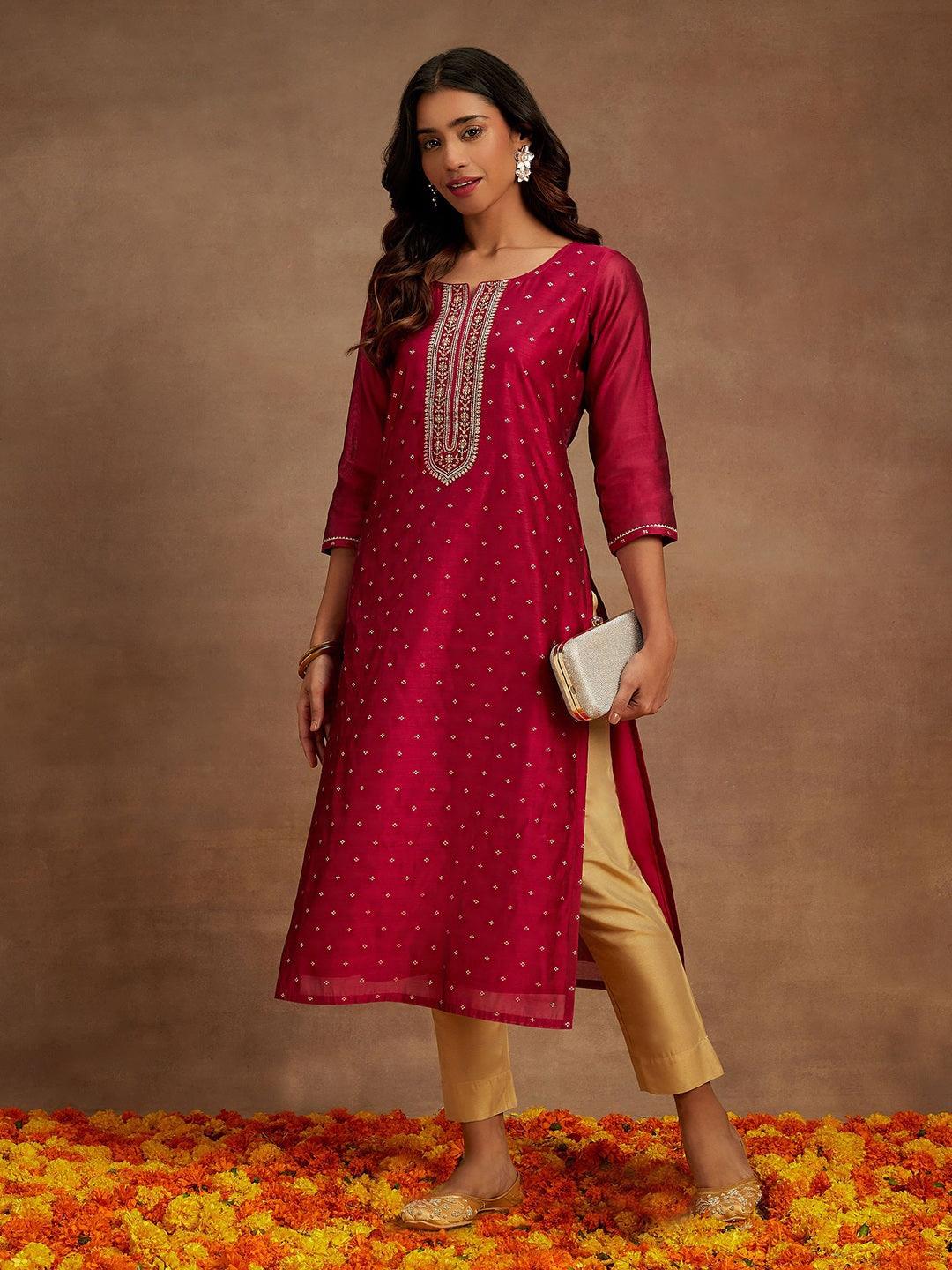 Fuchsia Chanderi Silk Woven Design Kurta