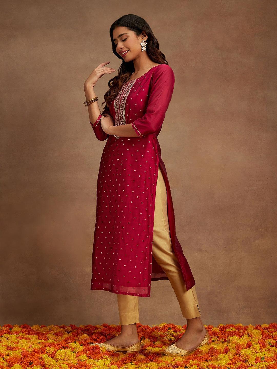 Fuchsia Chanderi Silk Woven Design Kurta