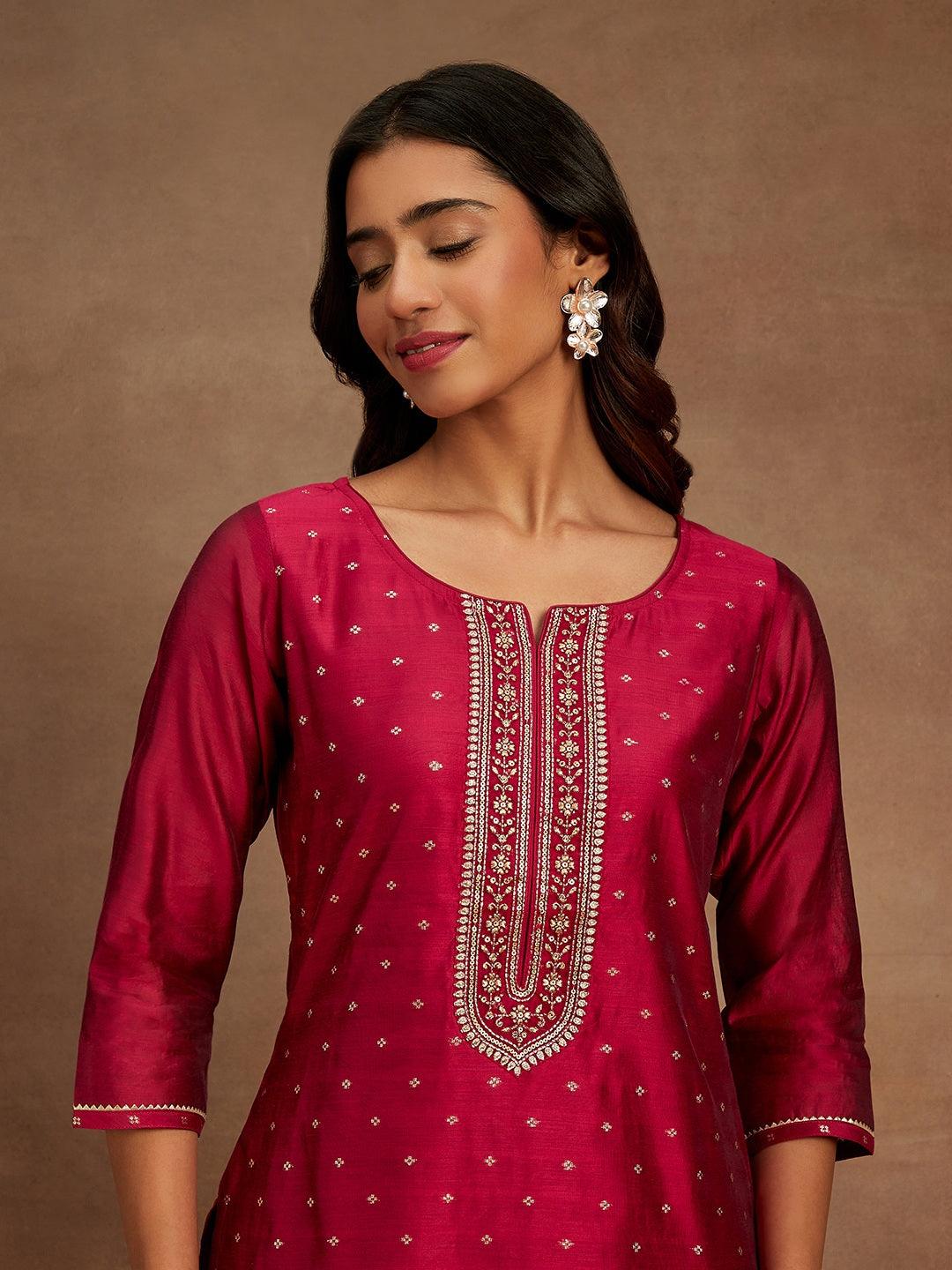 Fuchsia Chanderi Silk Woven Design Kurta