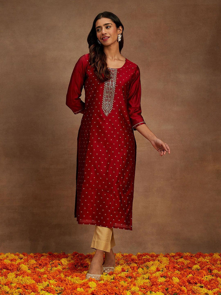 Maroon Woven Design Chanderi Silk Straight Kurta - ShopLibas