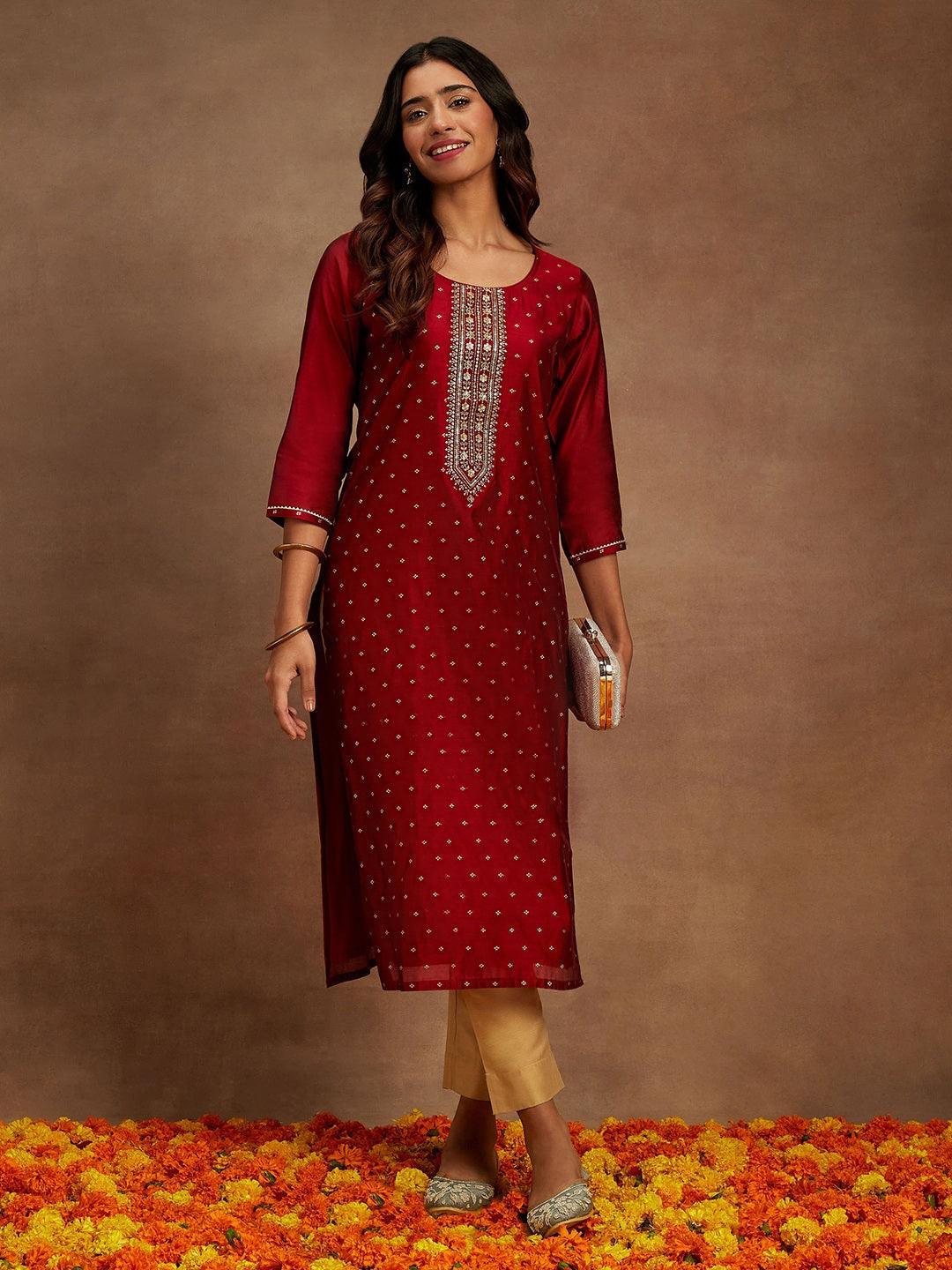 Maroon Chanderi Silk Woven Design Kurta - ShopLibas