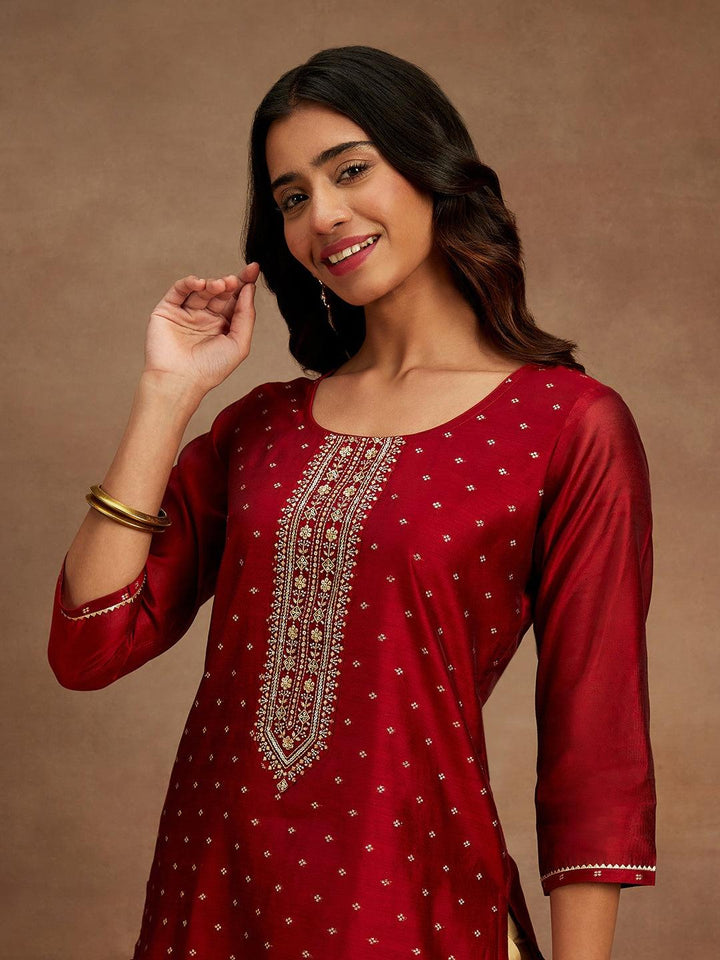 Maroon Chanderi Silk Woven Design Kurta - ShopLibas