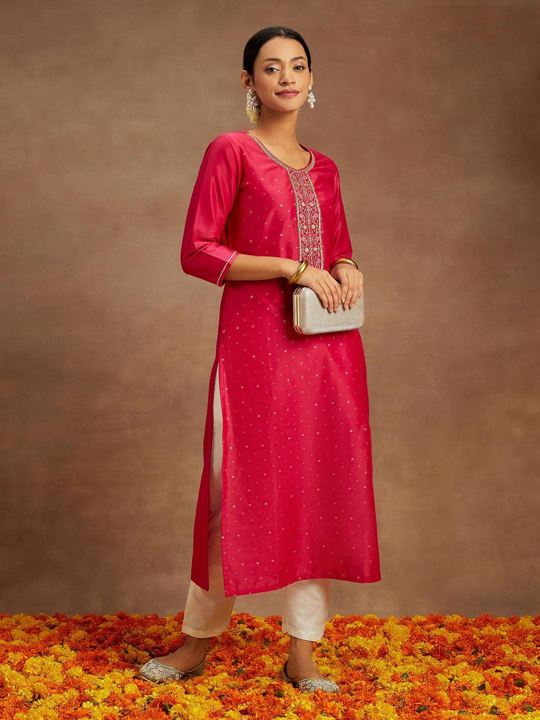 Pink Embellished Silk Straight Kurta - ShopLibas