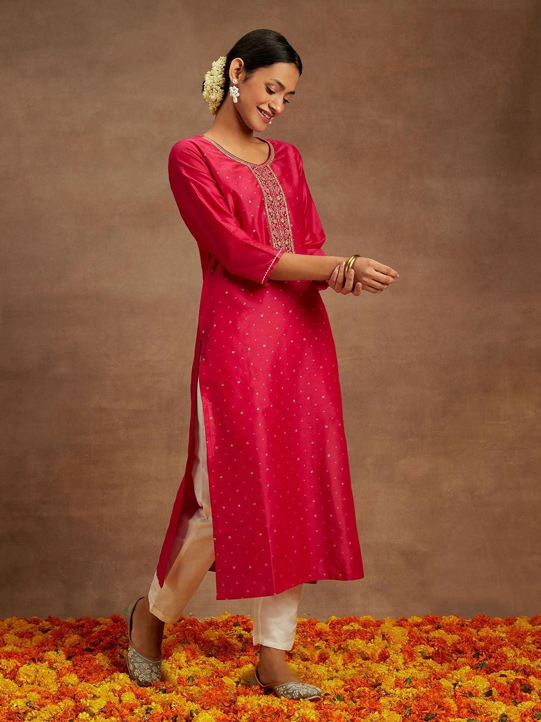 Pink Embellished Silk Straight Kurta