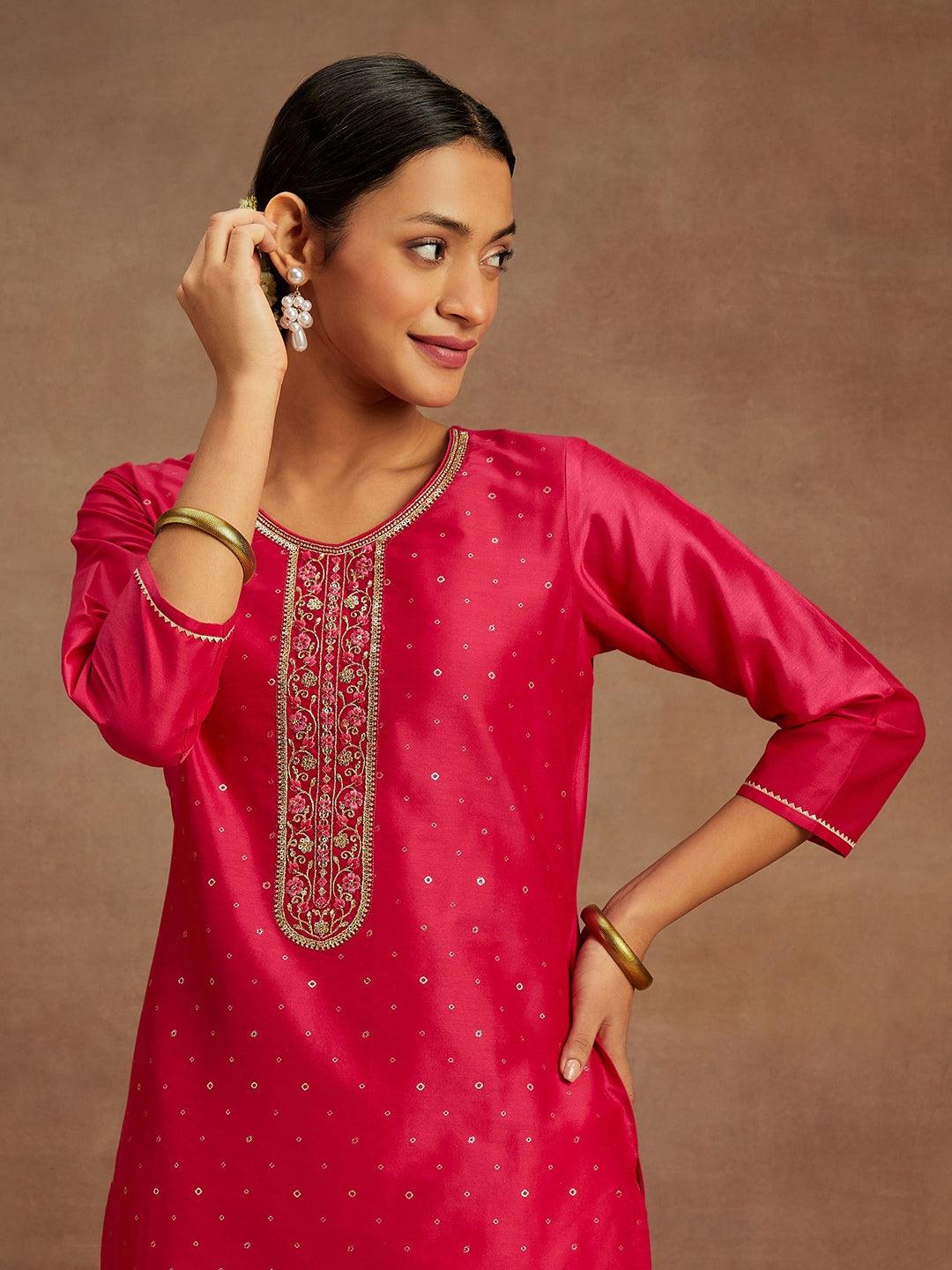 Pink Embellished Silk Straight Kurta - ShopLibas