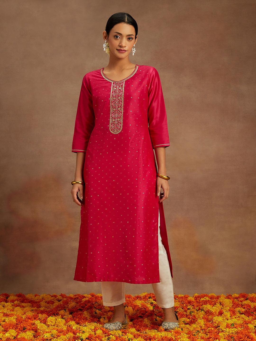 Pink Embellished Silk Straight Kurta - ShopLibas