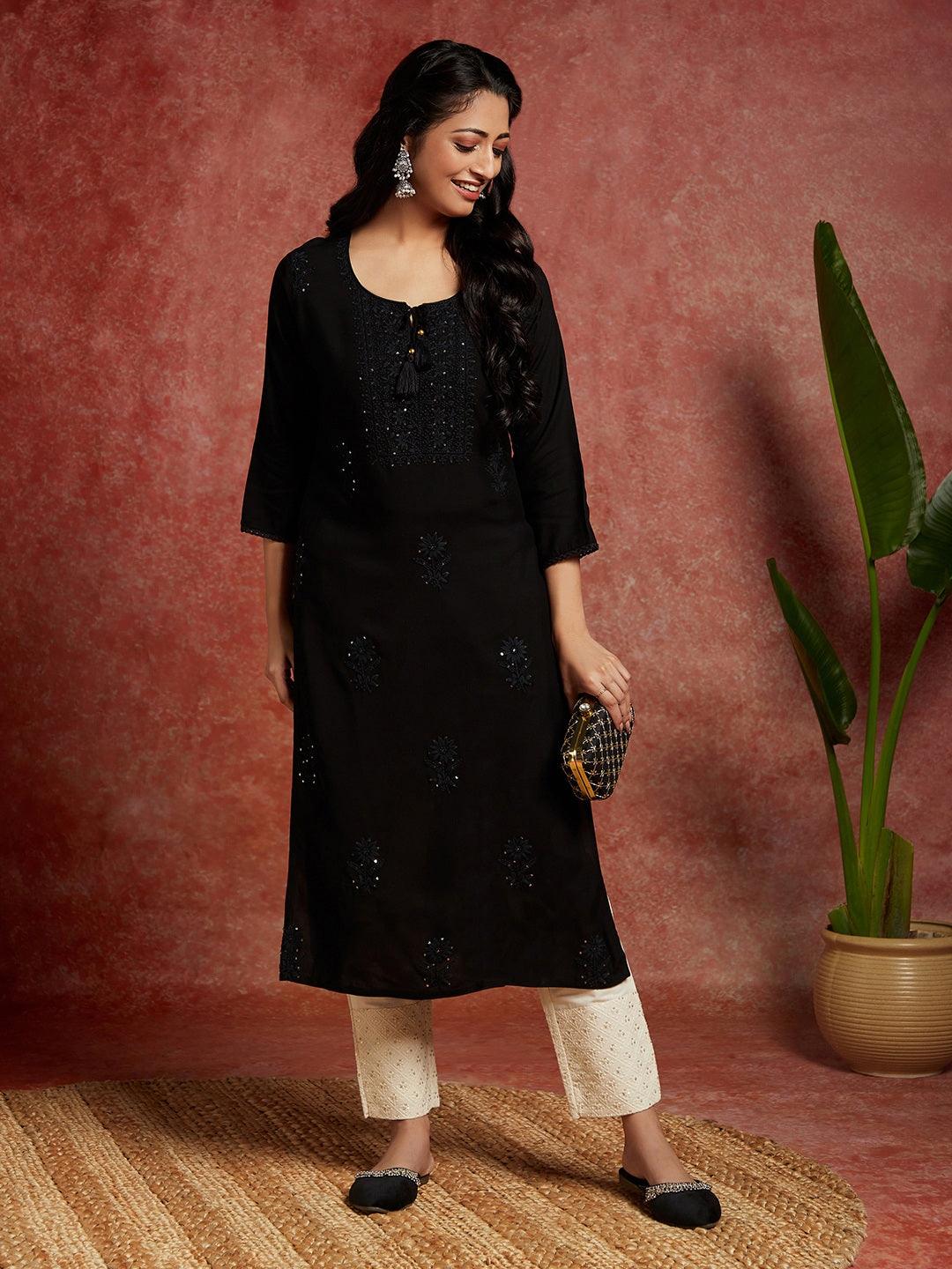 Black Embroidered Rayon Straight Kurta