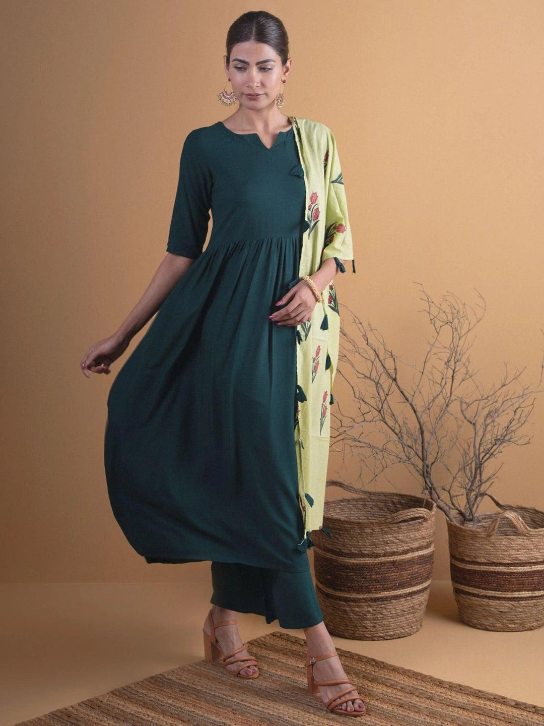 Green Solid Rayon Suit Set - ShopLibas