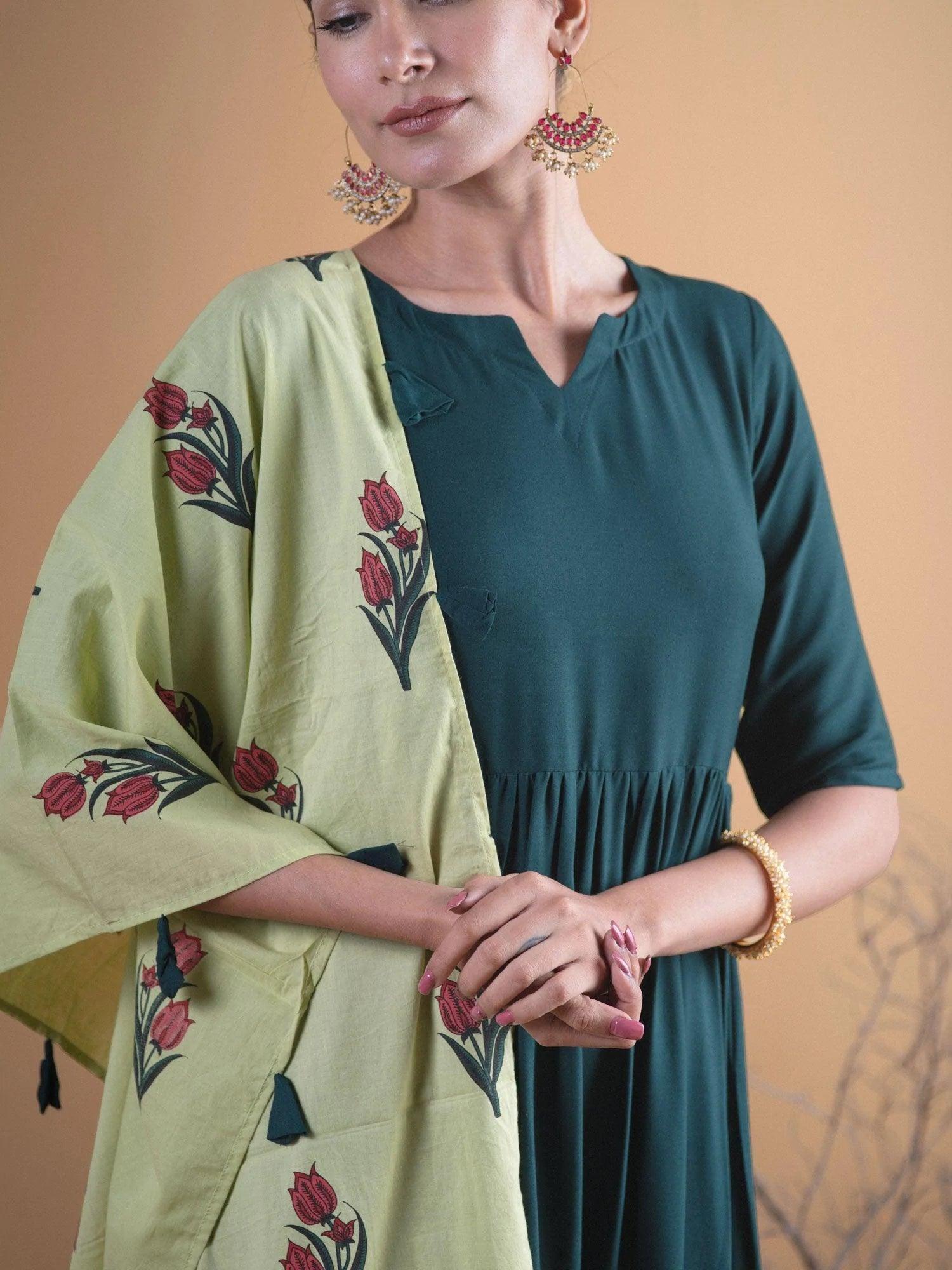 Green Solid Rayon Suit Set