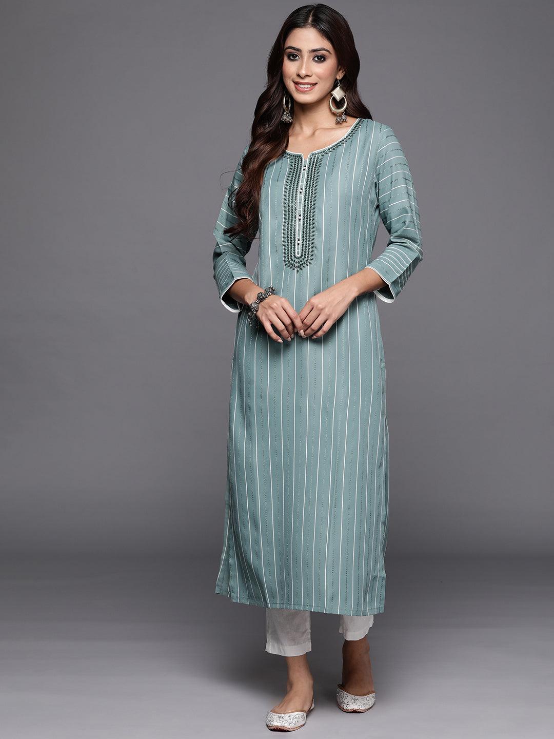 Green Woven Design Cotton Straight Kurta