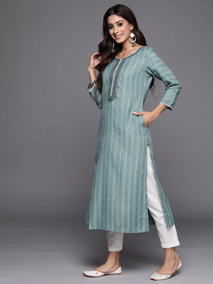 Green Woven Design Cotton Straight Kurta - ShopLibas