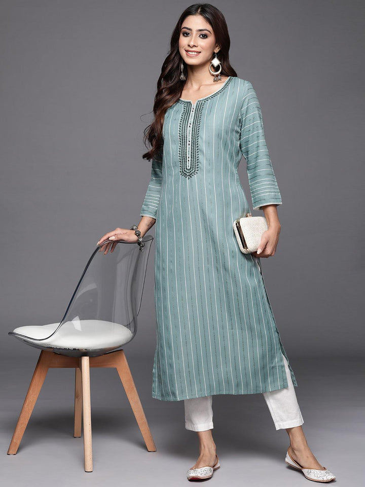 Green Woven Design Cotton Straight Kurta - ShopLibas