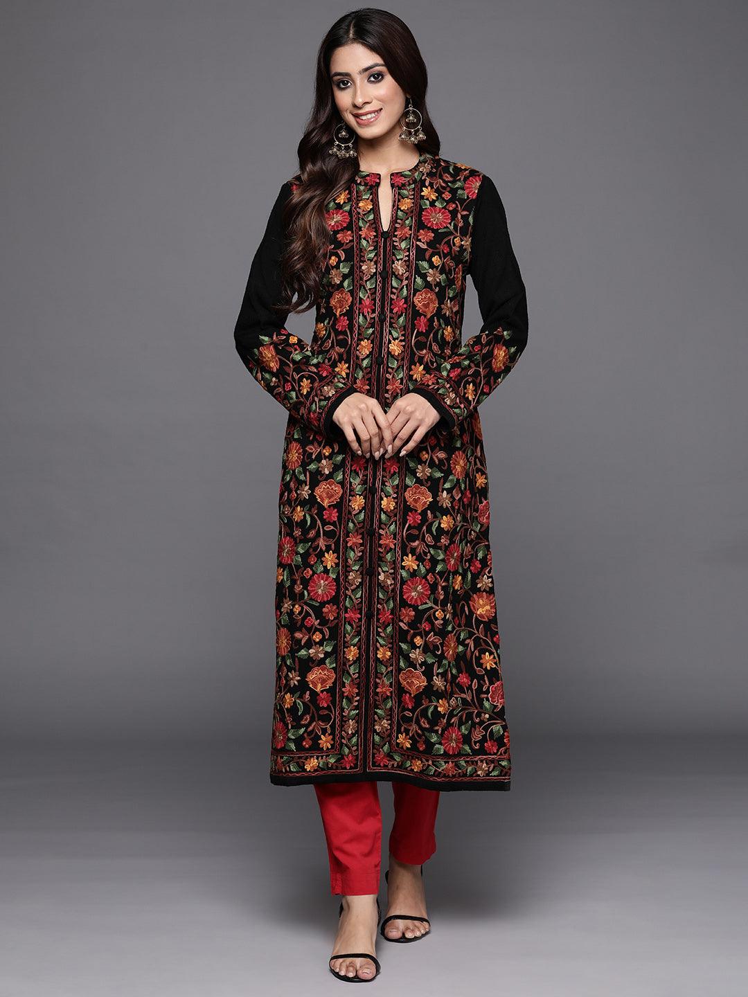 Black Embroidered Wool Straight Kurta