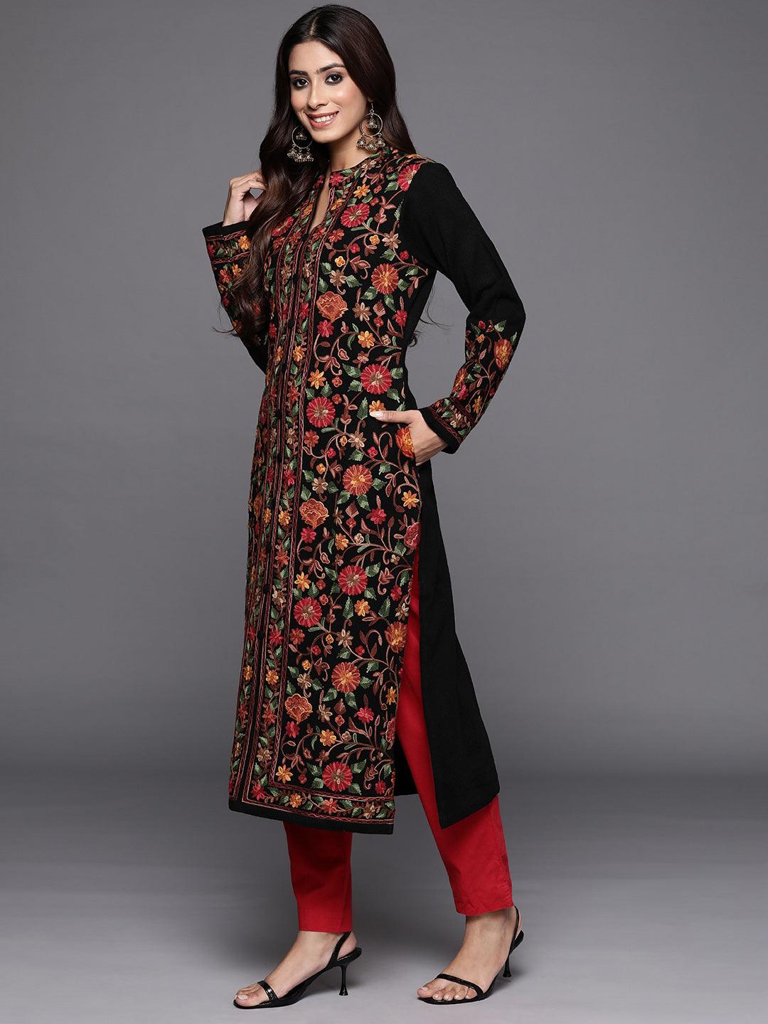 Black Embroidered Wool Straight Kurta